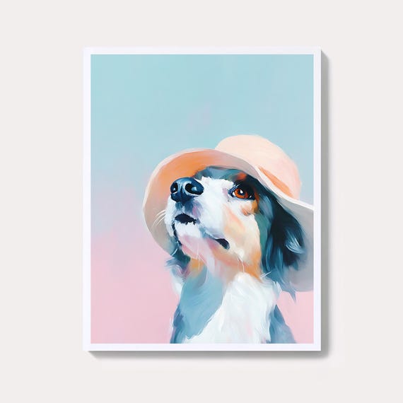 Dog In Hat Painting Cute Pastel Pet Portrait Wall Art Whimsical Summer