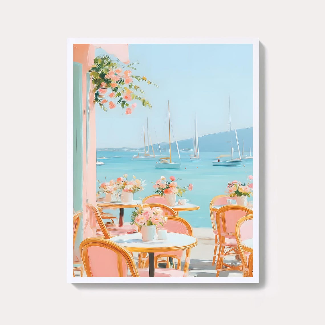 Pastel Seaside Café Terrace Pink Rattan Chairs Sailboat Poster