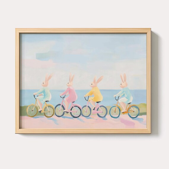 Four Cute Bunnies Riding Bicycles on Beach Pastel Nursery Poster
