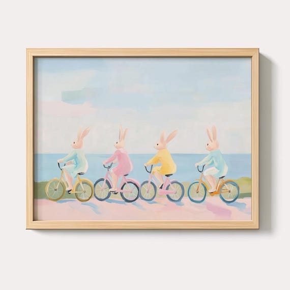 Rabbit Bicycle Painting Pastel Nursery Art Print