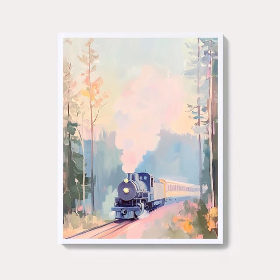 Vintage Steam Train Art Print Moody Sunset Landscape