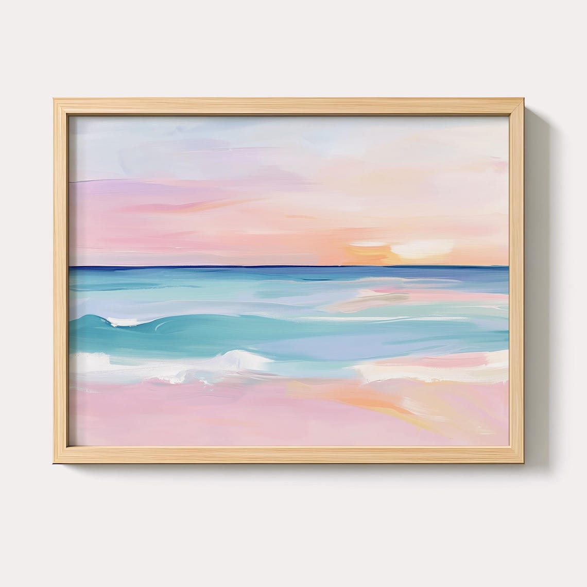 Pastel Pink Sunset Seascape Painting Calm Ocean Waves Wall Art