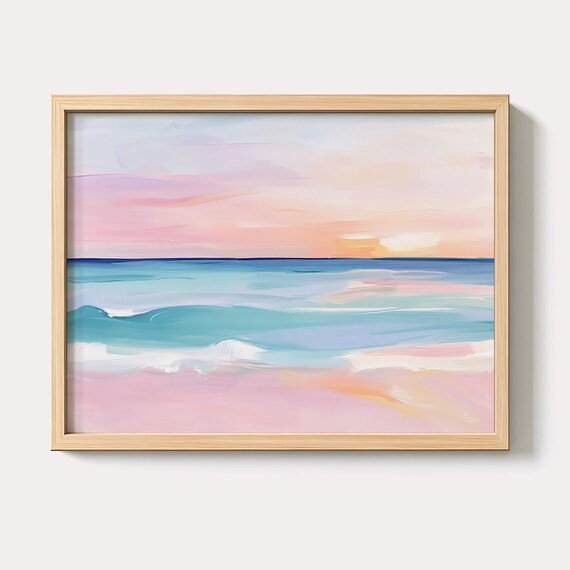 Pastel Pink Sunset Seascape Painting Calm Ocean Waves Wall Art
