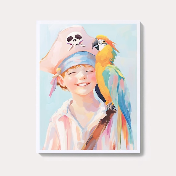 Smiling Pirate Boy With Macaw Parrot Kids Room Nursery Wall Art