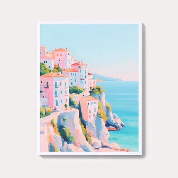 Cliffside Coastal Village Wall Art Print Pastel Mediterranean Sea Town Illustration Italian Seaside
