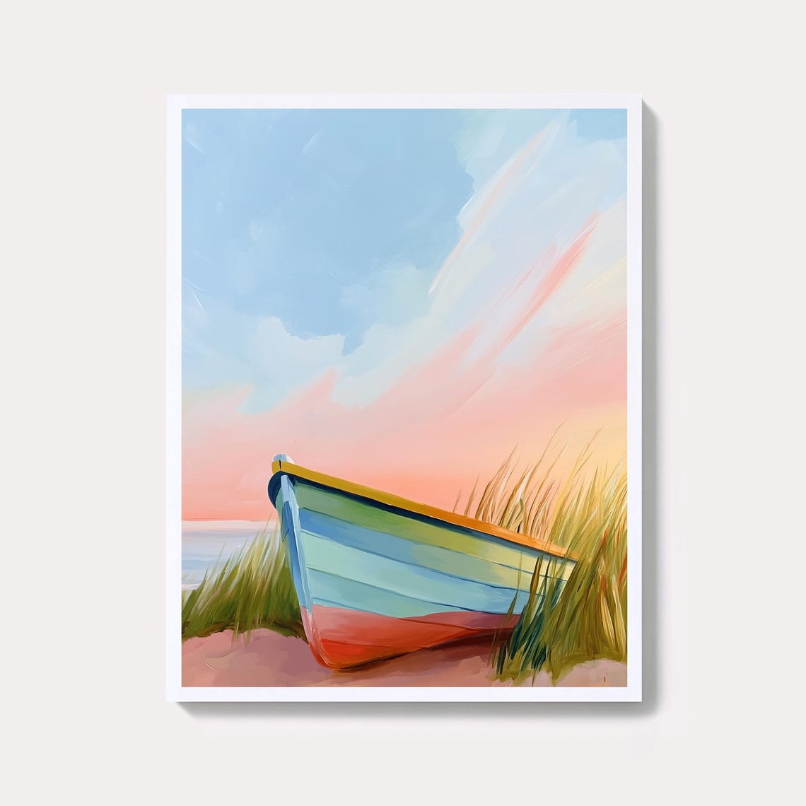 Colorful Wooden Fishing Boat on Sandy Beach Dune Grass Coastal Poster