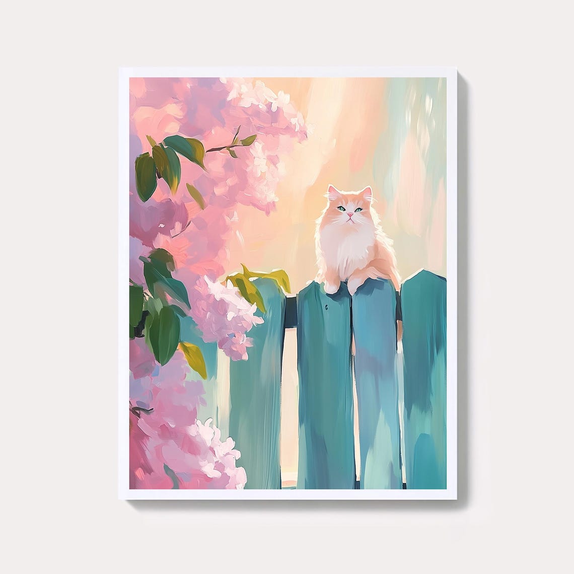 Ginger Cat on Teal Fence Pastel Blossom Garden Feline Art Poster