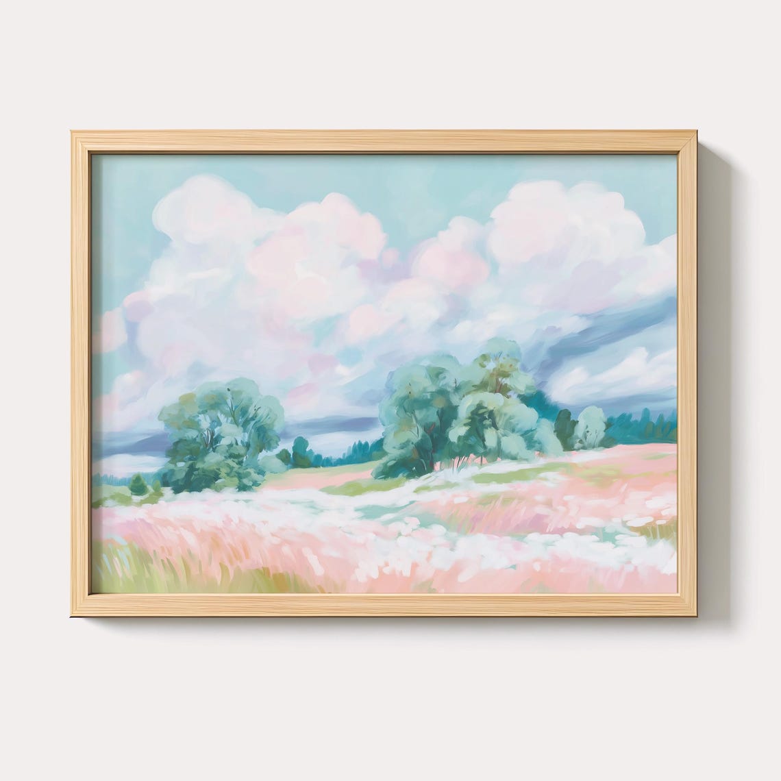 Pink Wildflower Meadow Trees Blue Sky Pastel Landscape Art Poster