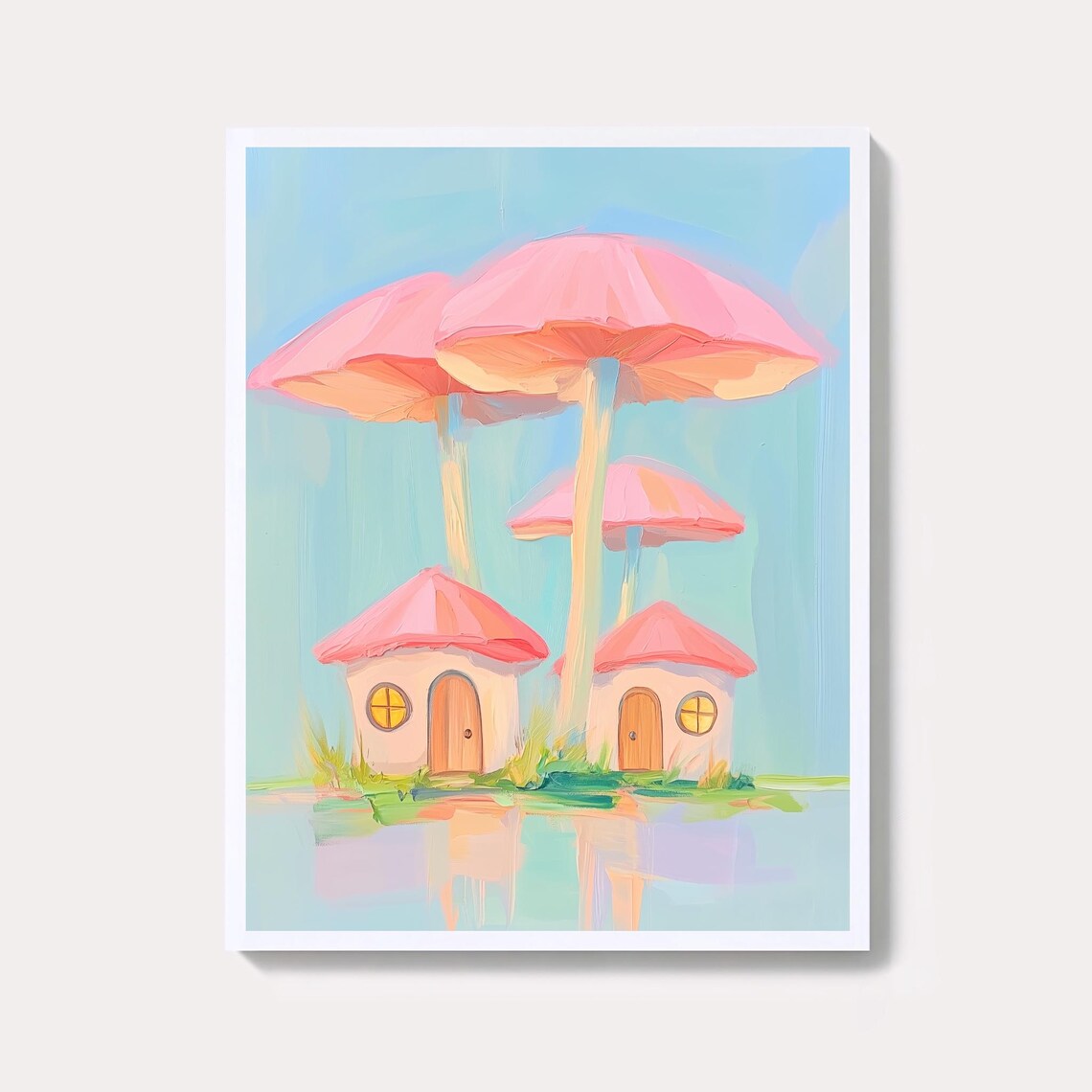 Enchanted Pink Mushroom Cottage Village Pastel Fantasy Poster