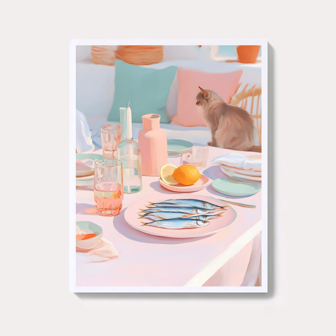 Cat By Coastal Kitchen Table Sardines Pastel Still Life Wall Art