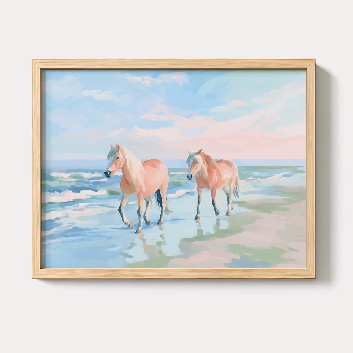 Two Pastel Horses Walking Along Shoreline Ocean Waves Art Poster