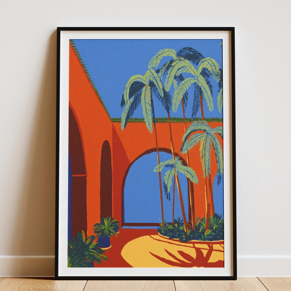 Marrakech Terracotta Courtyard Palm Trees Minimalist Travel Poster