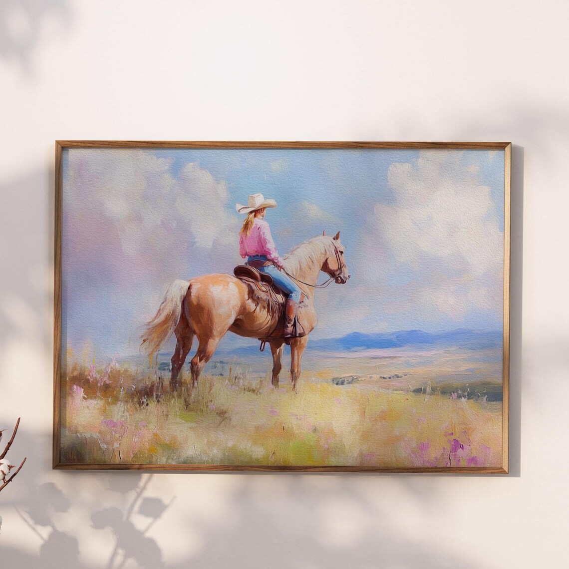 Cowgirl Riding a Palomino Horse Across a Sunny Prairie Poster