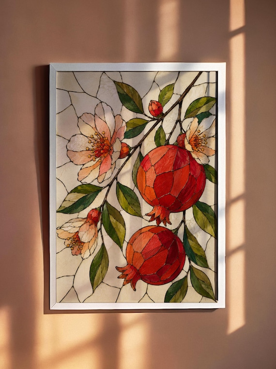 Pomegranate Stained Glass Botanical Mosaic Vintage Floral Art Poster
