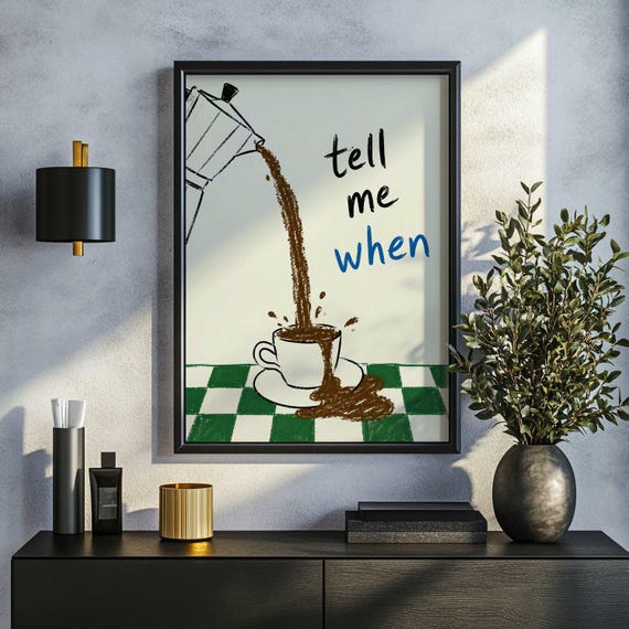 Coffee Humor Poster Overflowing Art Print Playful Illustration Kitchen Wall Decor Moka Pot Artwork