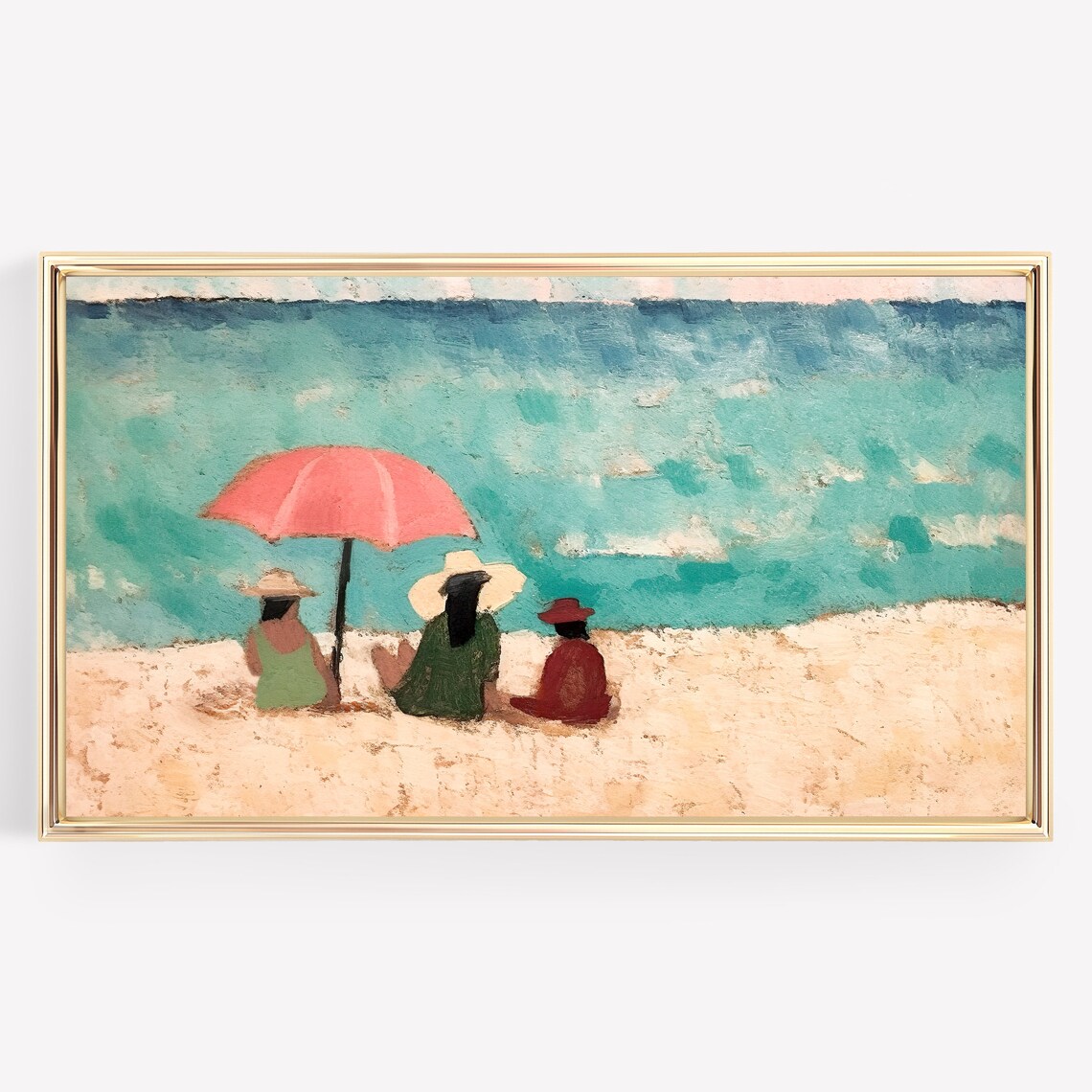 Three Friends at the Beach Pink Umbrella Turquoise Sea Poster