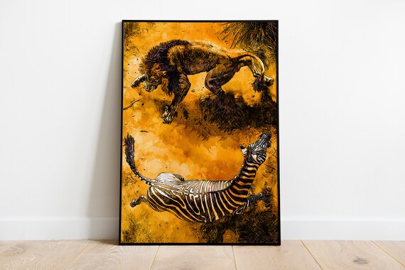 Lion Chasing Zebra African Savanna Watercolor Wildlife Art Poster