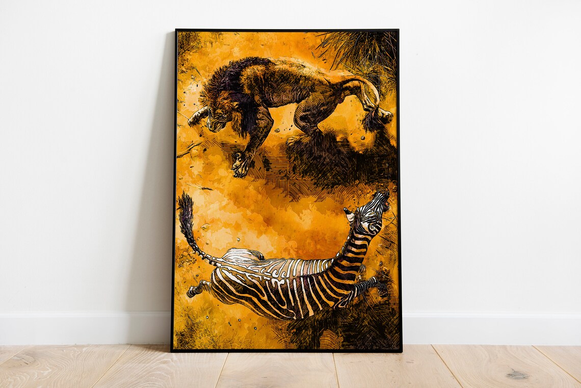 Lion Chasing Zebra African Savanna Watercolor Wildlife Art Poster