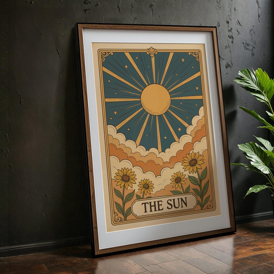 The Sun Tarot Card Sunflower Clouds Vintage Celestial Wall Poster