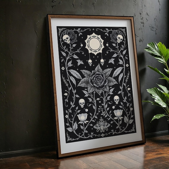 Dark Floral Gothic Black Rose Skull Botanical Moon Vintage Art Print