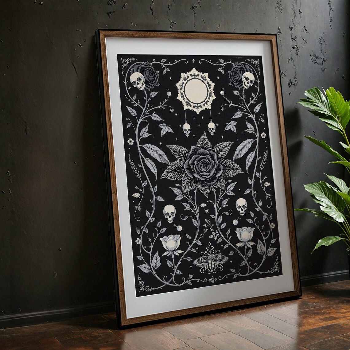 Dark Floral Gothic Black Rose Skull Botanical Moon Vintage Art Print