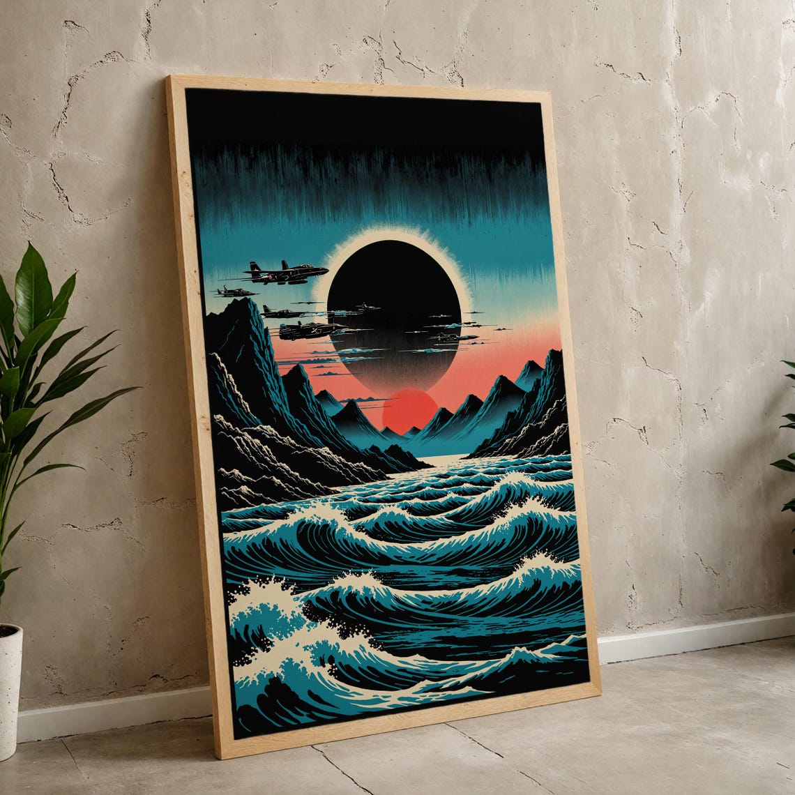 Retro Futuristic Eclipse Ocean Waves Fighter Jets SciFi Poster