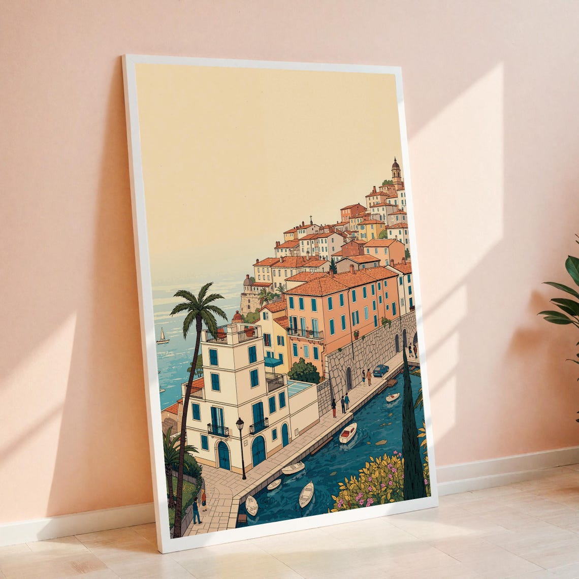 Mediterranean Coastal Town Harbor Vintage Seaside Village Wall Art