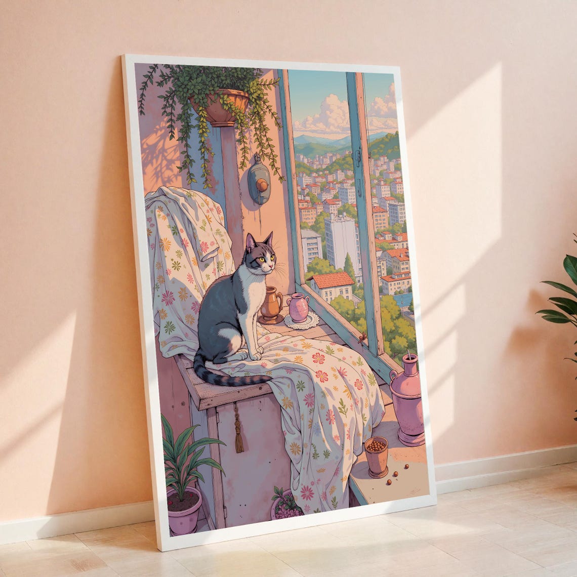 Cozy Cat City View Art Print, Urban Balcony Scene