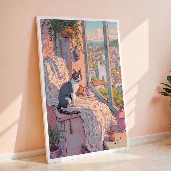 Cozy Cat City View Art Print, Urban Balcony Scene