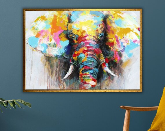 Colorful Abstract Elephant Face Oil Painting Modern Wildlife Wall Art