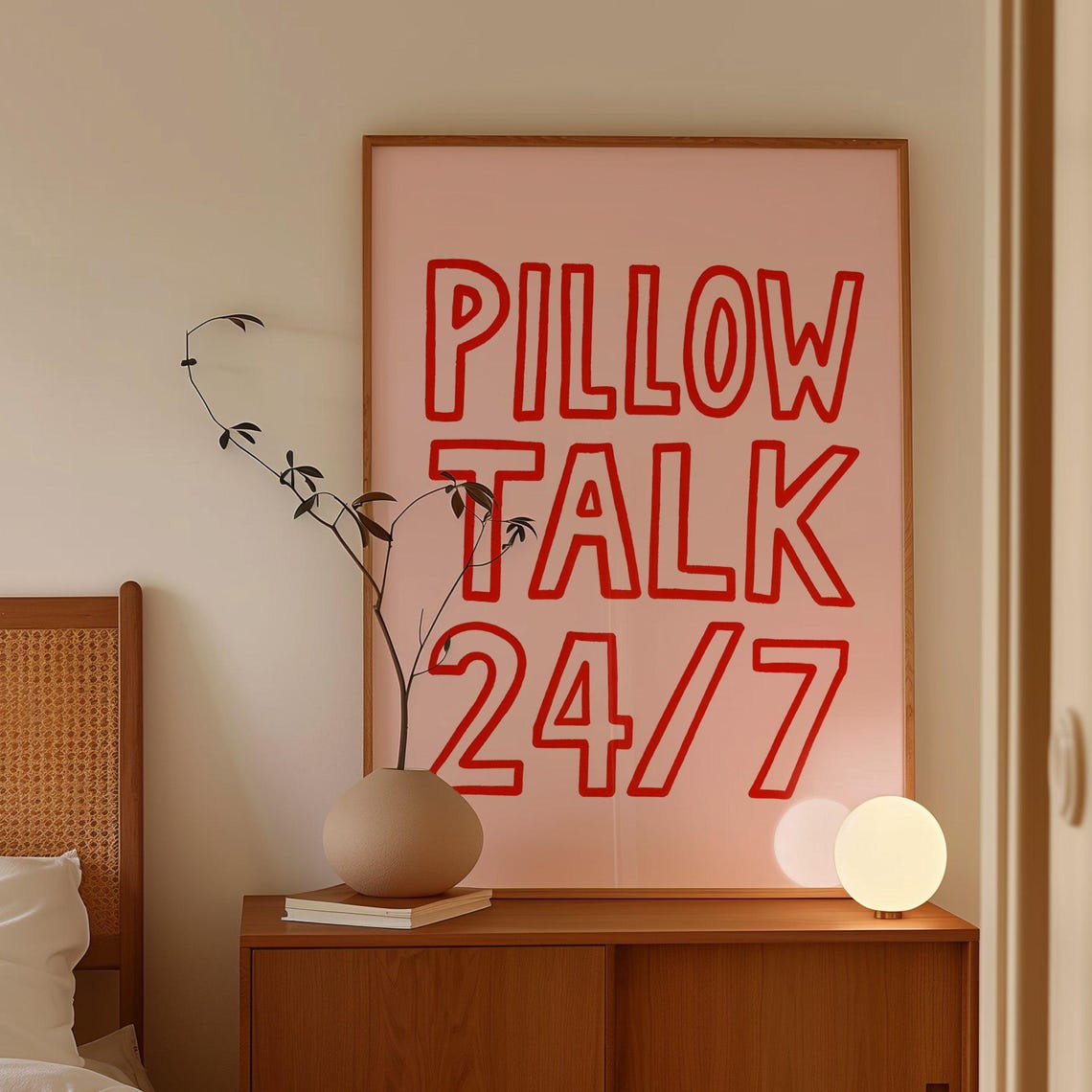 Pillow Talk 24/7 Bold Red Typography Pink Bedroom Wall Poster