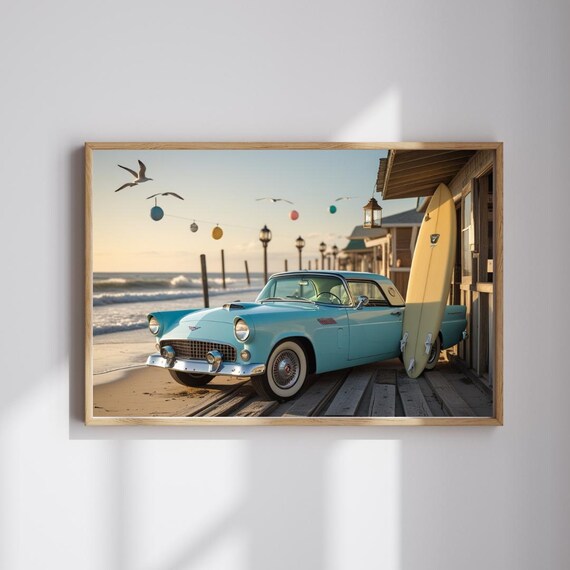 1955 Ford Thunderbird Beach Boardwalk Surfboard Convertible Poster