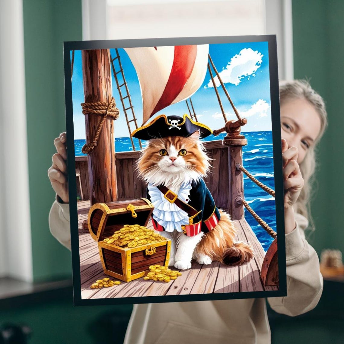 Maine Coon Pirate Cat Captain Treasure Chest Ship Funny Poster