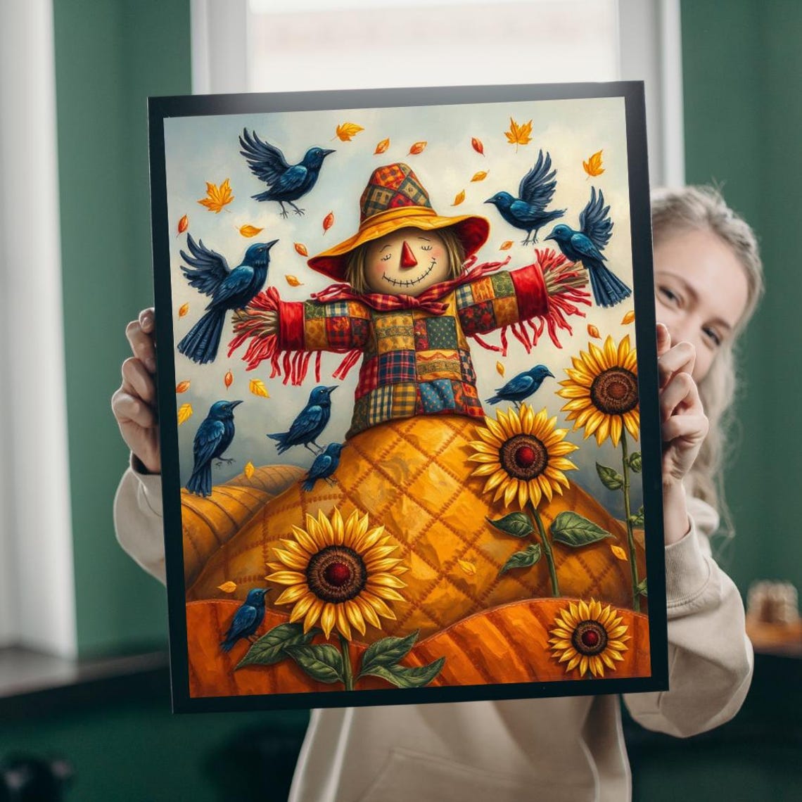 Smiling Scarecrow Bluebirds Sunflowers Autumn Fall Folk Art Poster