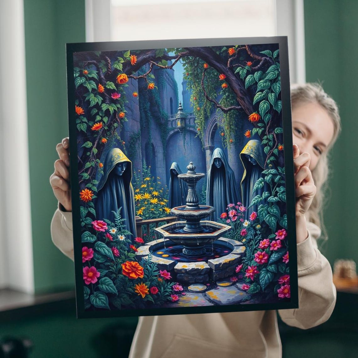 Gothic Garden Jigsaw Puzzle Bioluminescent Flowers Stone Statues
