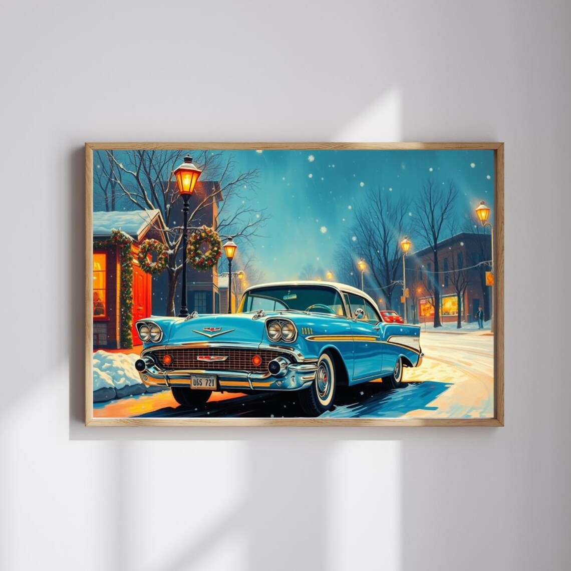 1957 Chevrolet Bel Air Classic Car on Snowy Christmas Street Poster