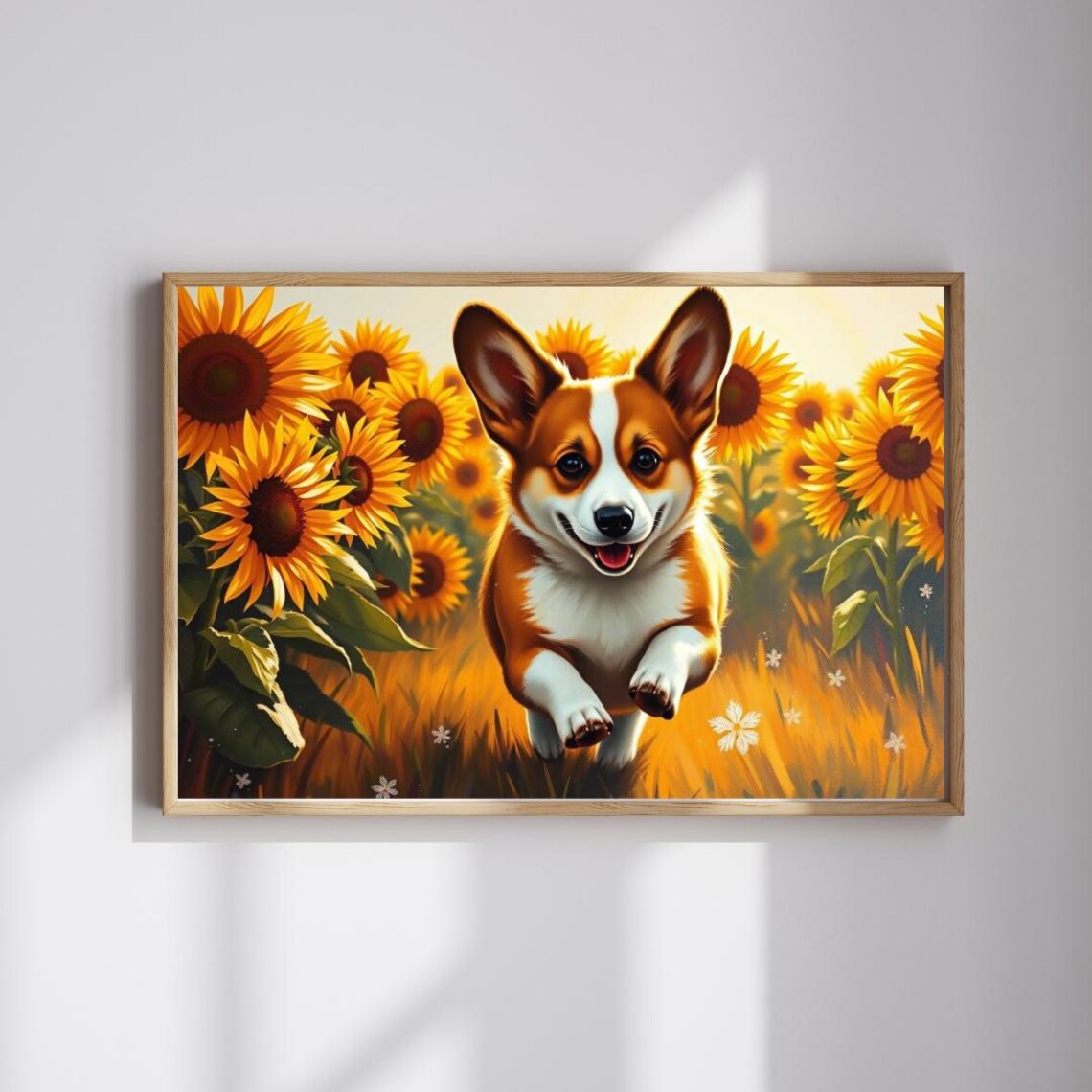 Corgi Puppy Running Through Sunflower Field Happy Dog Art Poster