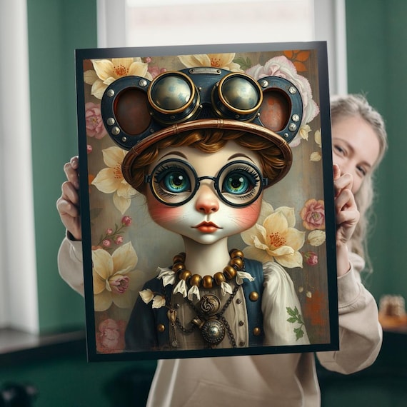 Whimsical Steampunk Cat Girl Goggles Floral Fantasy Portrait Poster