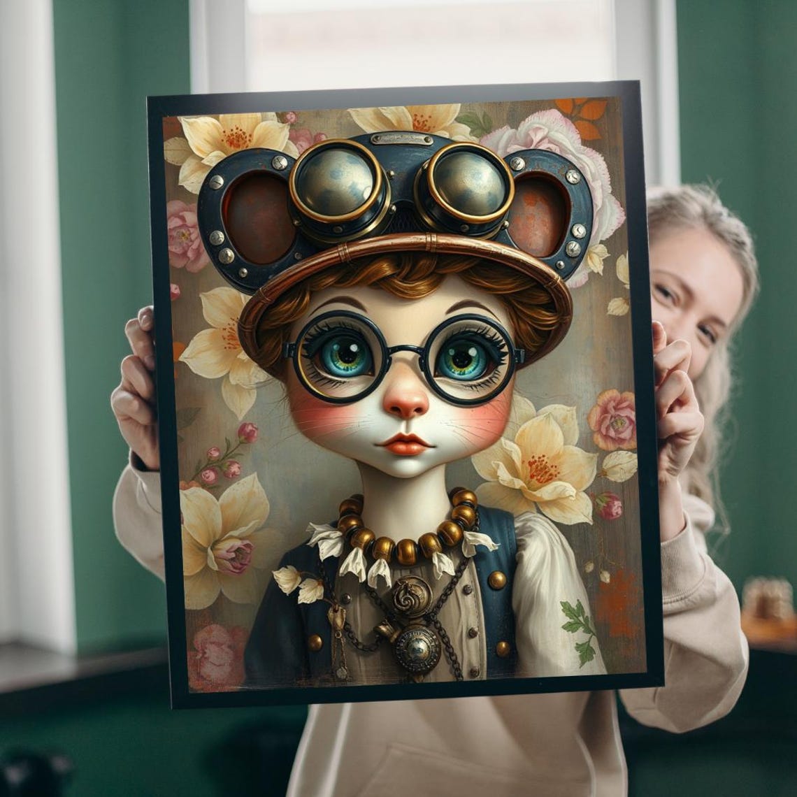 Whimsical Steampunk Cat Girl Goggles Floral Fantasy Portrait Poster