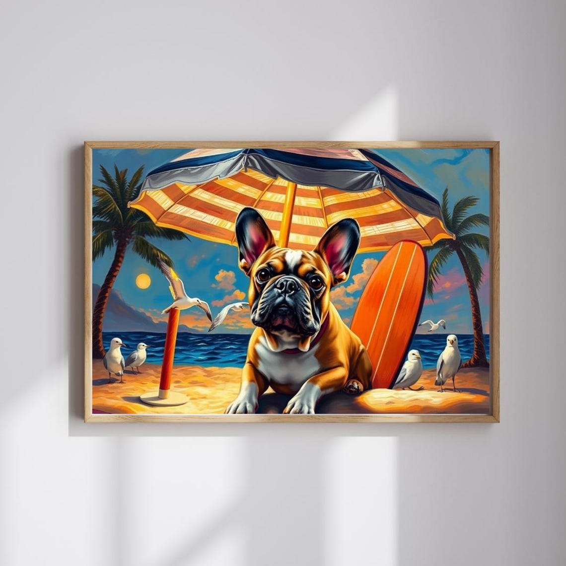 French Bulldog Beach Day Colorful Surf Dog And Seagull Sunset Poster