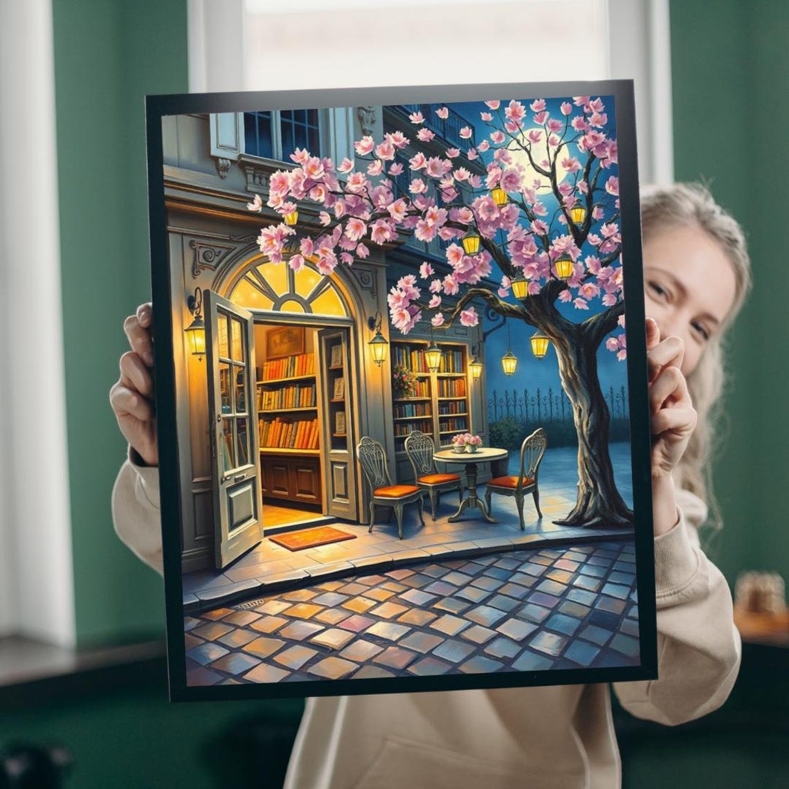 Lanternlit Spring Bookstore Cherry Blossom Cozy Night Art Poster
