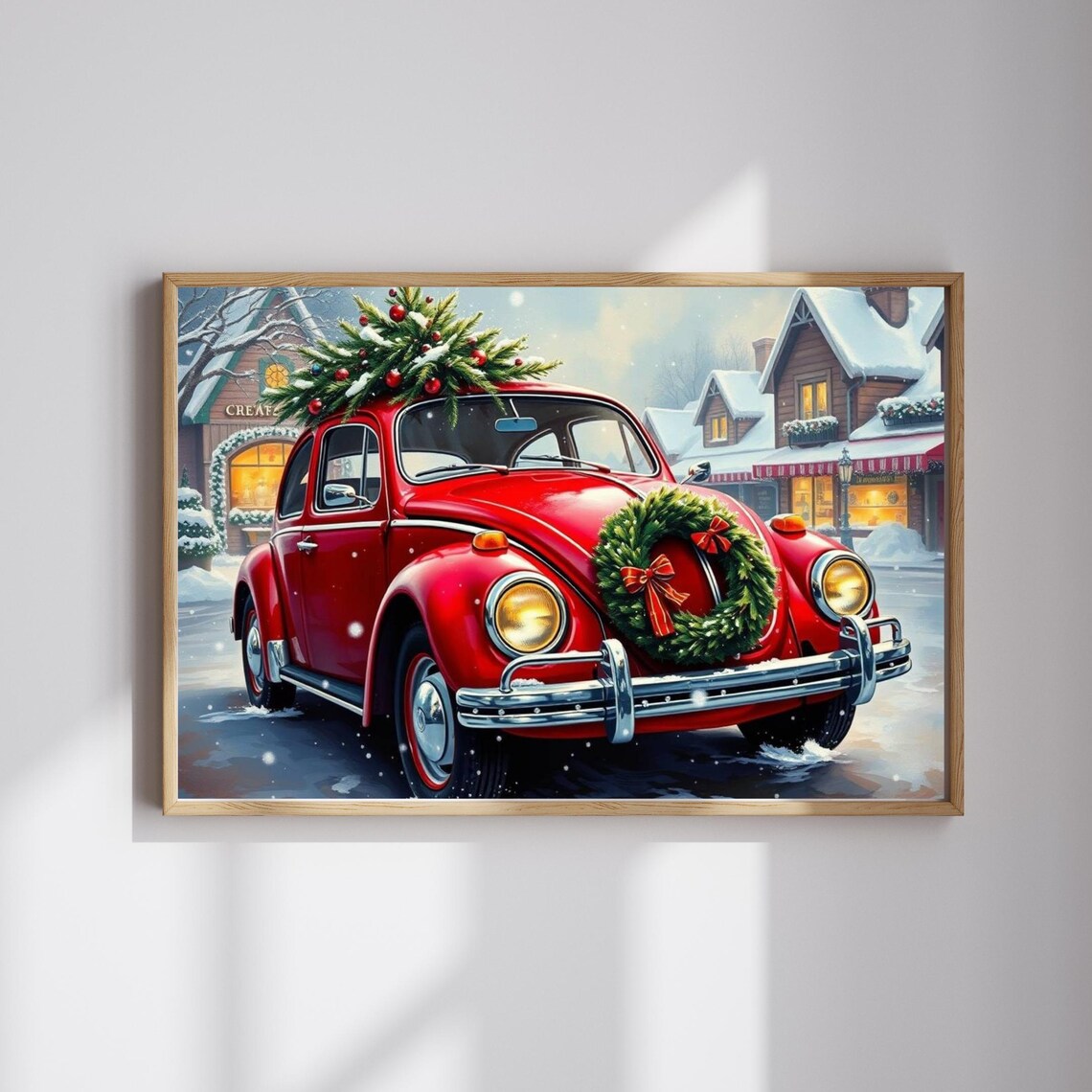 Red Volkswagen Beetle Christmas Tree Snowy Village Winter Poster