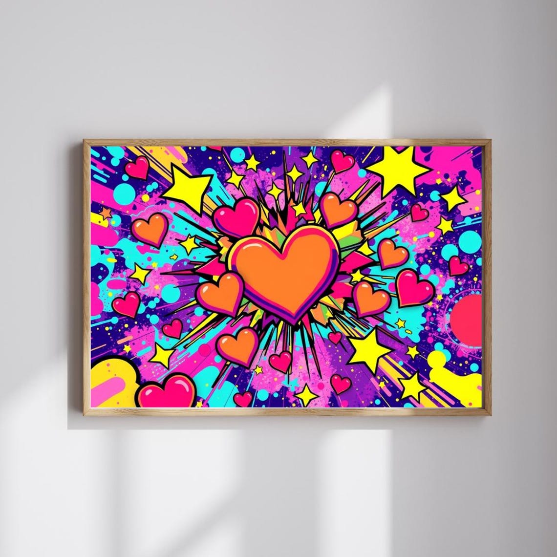Exploding Neon Hearts and Stars Pop Art Love Burst Colorful Wall Art