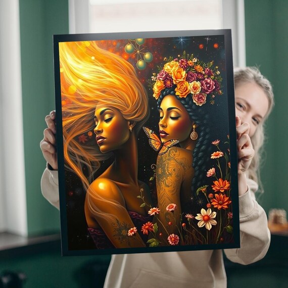 Golden Goddess Duo Floral Crown Butterfly Dark Botanical Fantasy Poster