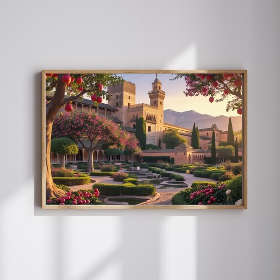 Alhambra Palace Granada Sunset Courtyard Garden Travel Photo Poster