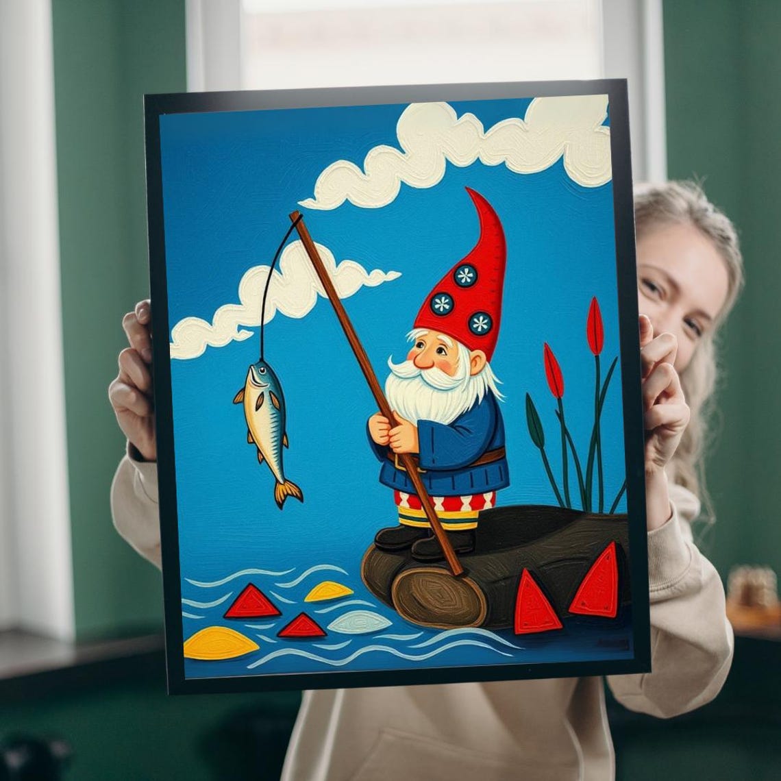 Nordic Gnome Fishing Dockside Jigsaw Puzzle Scandinavian Folk Art Illustration
