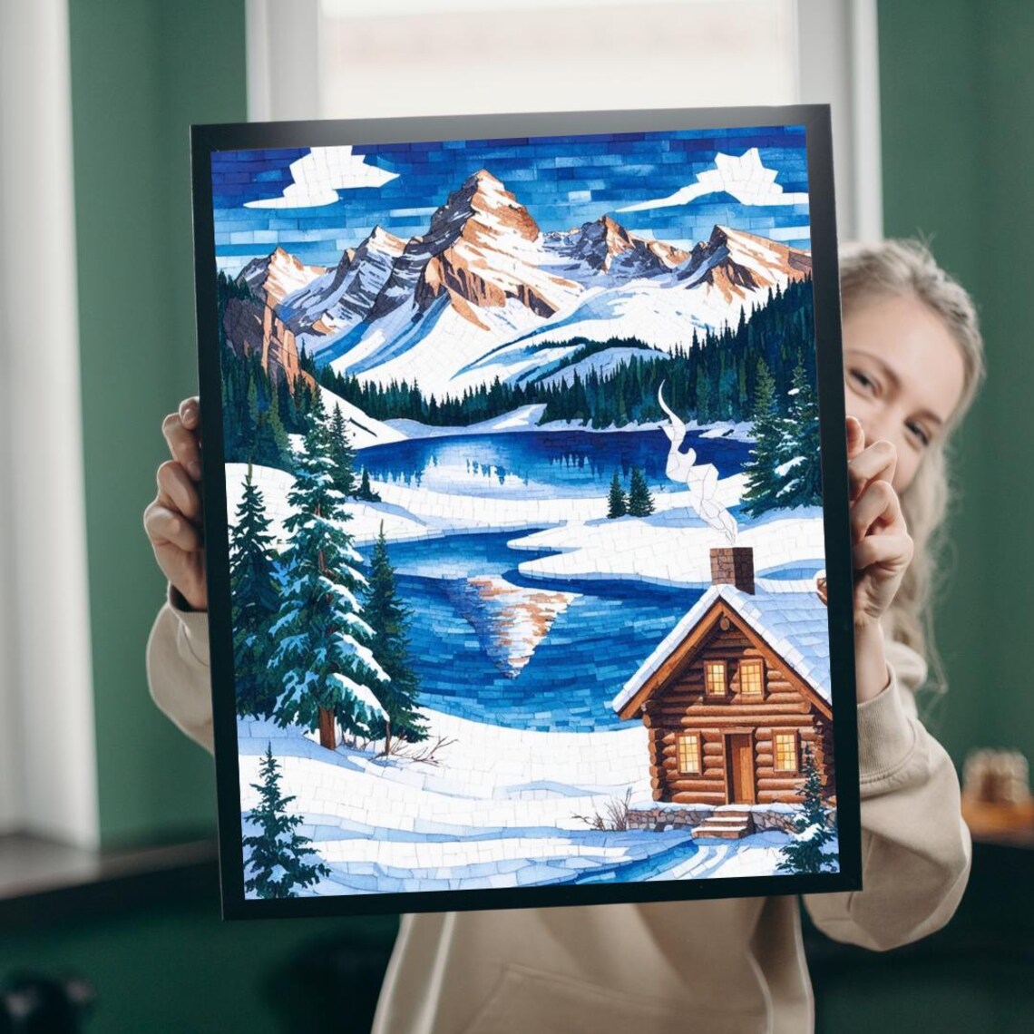 Cozy Snowy Log Cabin Mountain Lake Mosaic Style Winter Art Print