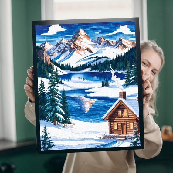 Winter Cabin Mosaic Jigsaw Puzzle Snowy Mountain Landscape 520 Piece