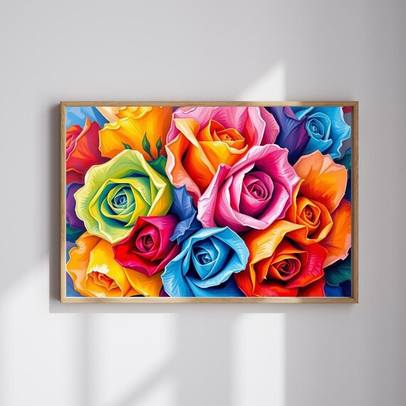 Vibrant Rainbow Roses Colorful Flower Bouquet Bright Modern Wall Poster