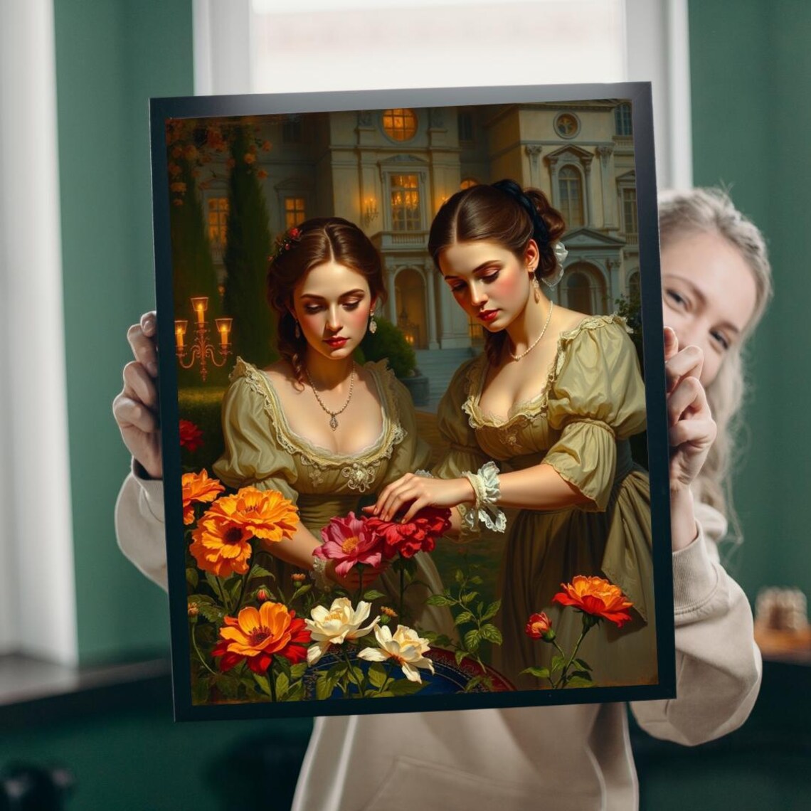 Victorian Women Garden Flowers Art Print